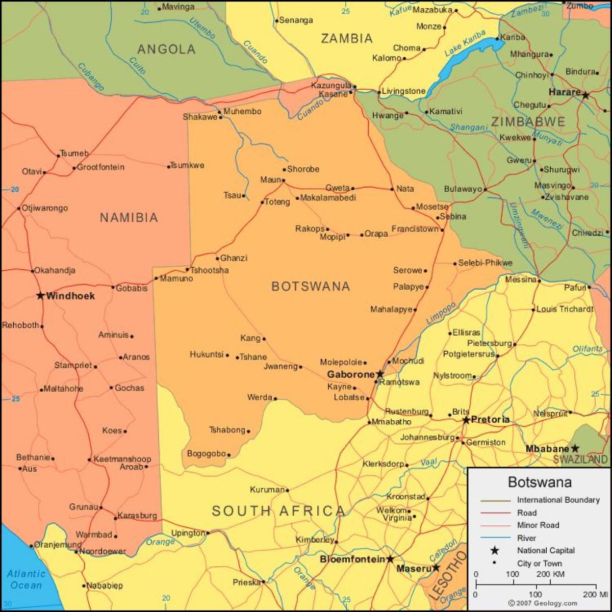 מפה של בוצואנה מראה הכפרים.