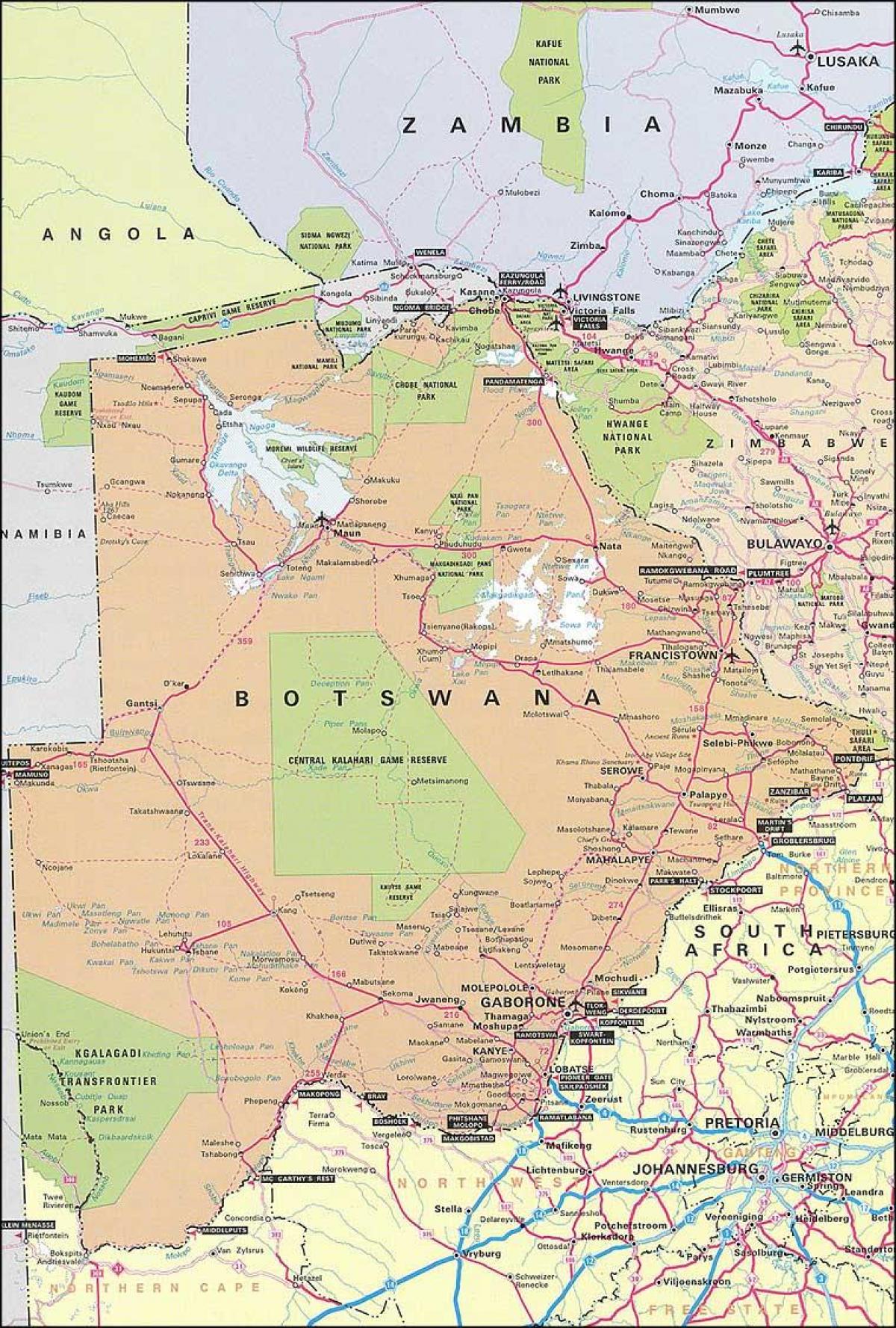 מפה של בוצואנה המפה עם מרחקים